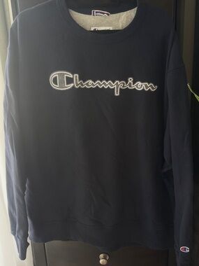 Champion Navy and White Script Logo Sweatshirt